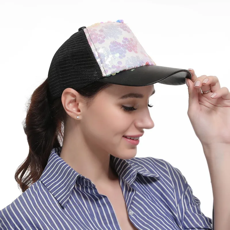 Fashion Glitter Ponytail Messy Bun Baseball Cap Snapback Hats Women Summer Hat Adjustable Hip Hop Hats Female Mesh Caps