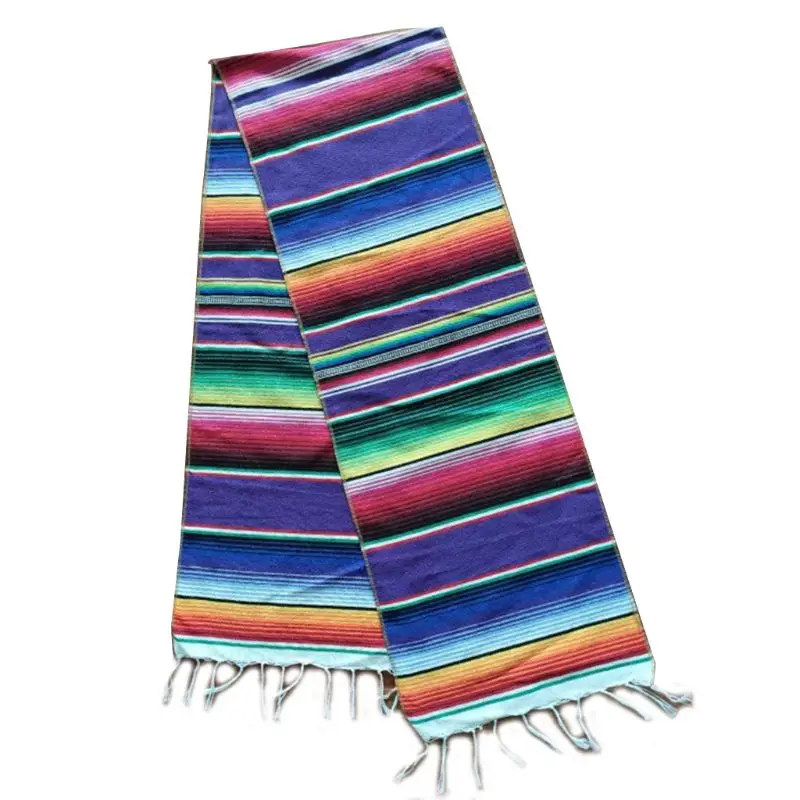 Mexican Blanket Rainbow Stripes Woven Table Runner Fringe Cotton Tablecloth 
