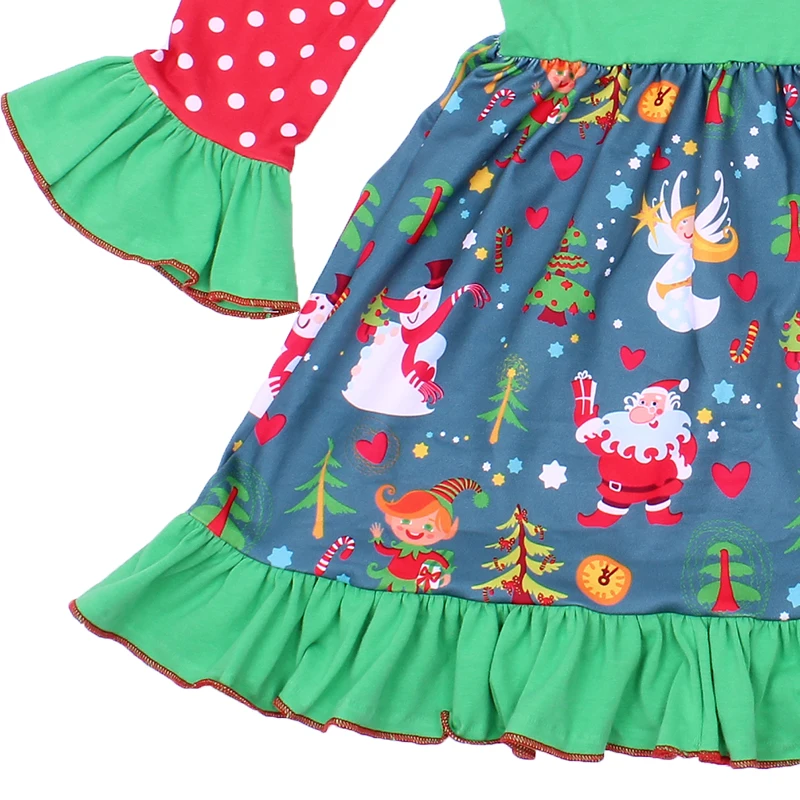 New Christmas Santa Clause Fall/winter Hot Sale Baby Girls Boutique Cartoon Dress Children Clothes Milksilk Match Bow Polka Dot
