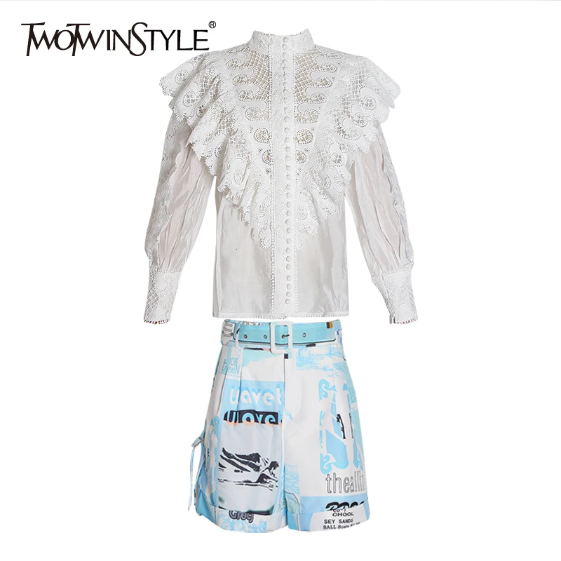 TWOTWINSTYLE Patchwork Two Piece Set For Women Embroidery Ruffle Shirts Print High Waist Shorts Female Suits Autumn New