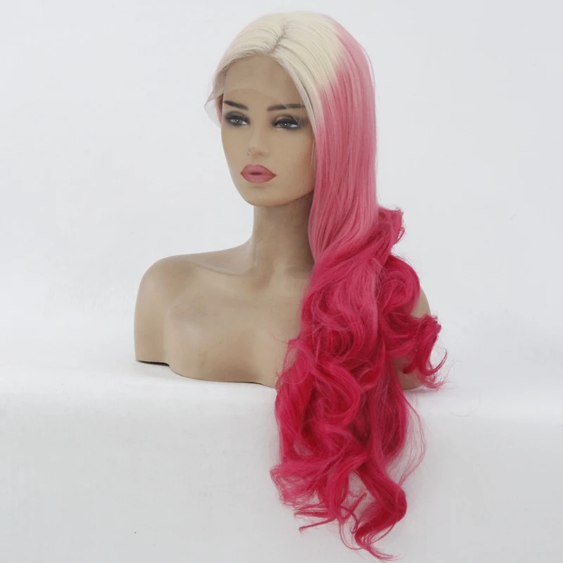 Трехцветный градиентный блондин розовый красный цвет синтетический парик на кружеве бесклеевой цвет Полные натуральные волнистые парики Омбре термостойкие