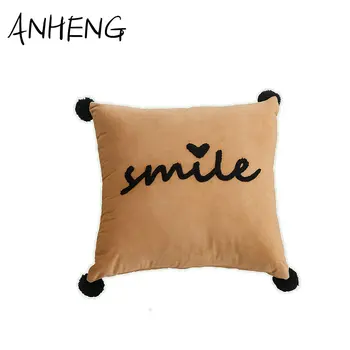 

New Nordic Simple Sofa Pillowcase Solid Color Smile Embroidery Four Fur Balls Car Waist Cushion Living Room