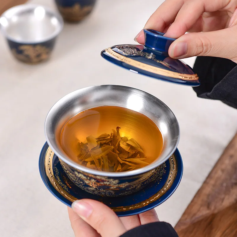Серебряный набор для чаепития 999 Цзи синий пейзаж кунг-фу Крышка Чаша Серебряная позолоченная чайная чашка чайный сервиз голубое и белое золото инкрустированные керамические средние