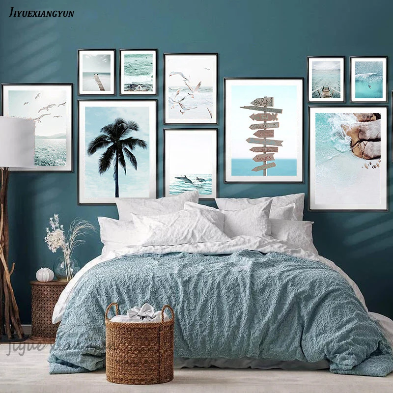Surfboard Sailboat Beach Dolphin Seagull Palm Art Canvas Painting Nordic Posters and Prints Wall Pictures Living Room Home Decor | Дом и сад