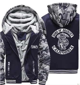 

SOA Sons of Anarchy Hoodies Mens Winter fleece Thicken Warm Camouflage coat zipper Sweatshirt SAMCRO Print Mens Hoodies Jacket