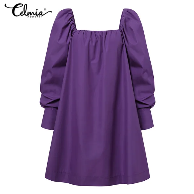 Elegant Sexy Mini Dress Celmia Women Puff Sleeve Square Collar Casual Solid Sundress 2021 Spring Fashion Ladies Party Vestidos 4