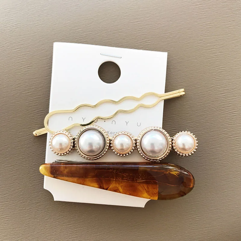 3pcs/set Korean Women Girls Metal Pearl Marble Hair Clip Combination Barrette Pearls Hairpin Hair Styling Accessories