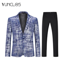 New Men 2 Pcs 3D Print Blue Suits One Button Slim Fit Casual Men Suits Wedding Party Suits For Men Host Dress XS-4XL New Men 2 Pcs 3D Print Blue Suits One Button Slim Fit Casual Men Suits Wedding Party Suits For Men Host Dress XS-4XL