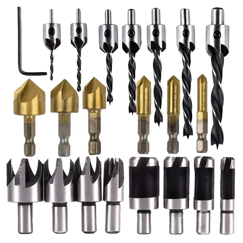 

Woodworking Drilling Or Chamfer Tool,8Pc wood Plug Cutter,6Pcs 1/4 Inch Hex Shank 5 Flute 90 Degree Countersink Drill Bits,7Pcs