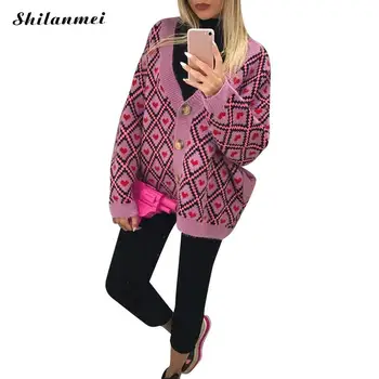 

Knitted Sweater Cardigans 2019 Loose Thermal Plaid Heart Pattern V-Neck Buttons Single Breasted Jumpers Winter Ladies Outerwear