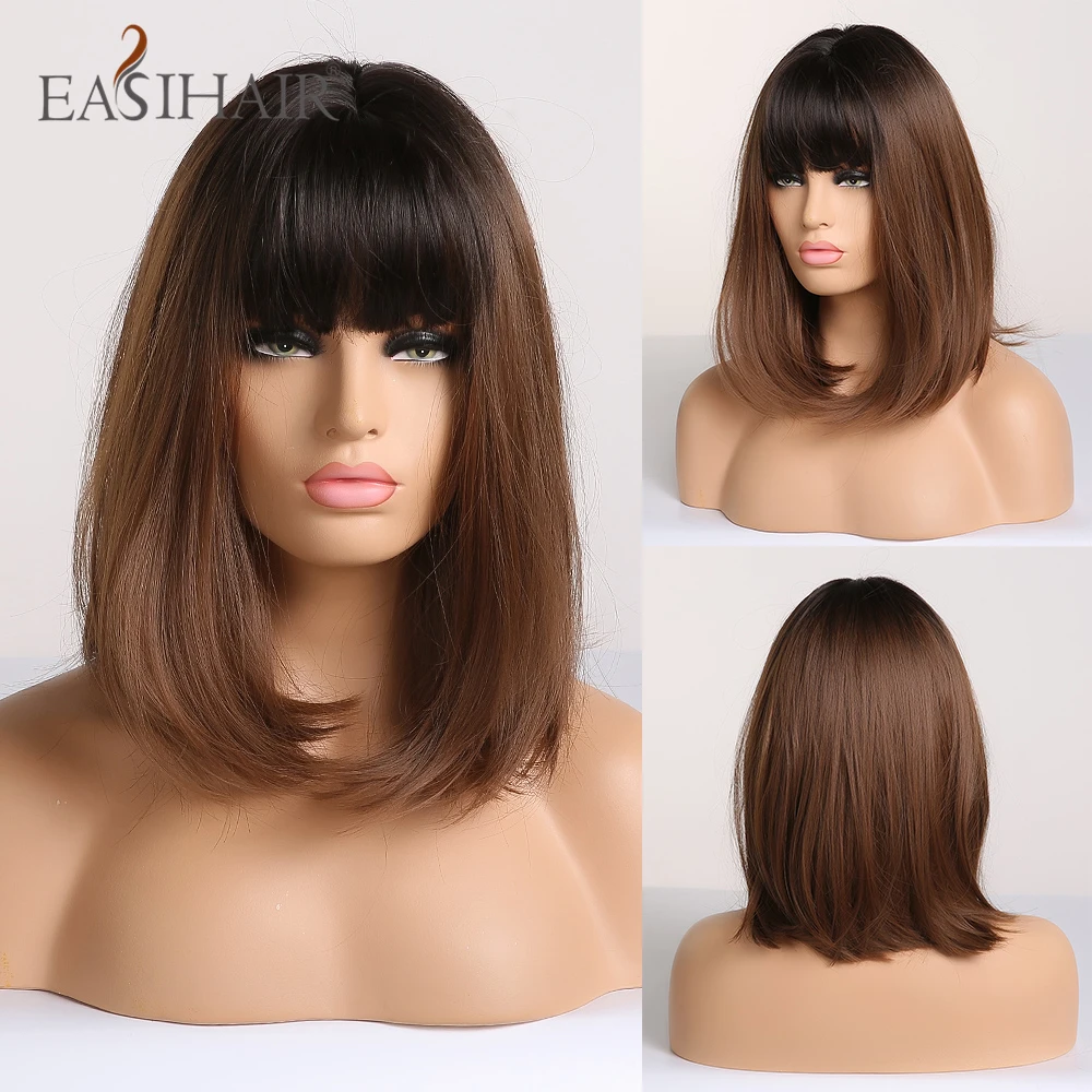 

EASIHAIR Black to Brown Omber Straight Bob Wigs Medium Length Synthetic Wigs for Women Cosplay Wig with Bangs Heat Resistant Wig