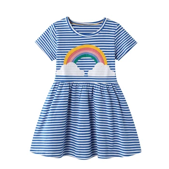 

BINIDUCKLING Rainbow Appliques Blue Stripe Summer Dress For Girls Kids Cotton Short Sleeve O-Neck Trendy Girls Dress