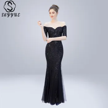 

Skyyue Evening Dress Sexy Boat neck Women Party Dresses backless Zipper Robe De Soiree 2019 half-sleeve Sequin Formal Gowns C297
