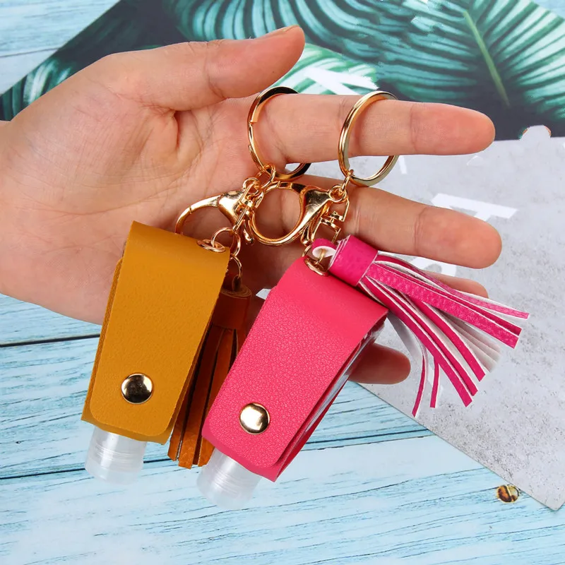 Travel-Bottle Hand-Sanitizer Tassels-Leather Carriers Plastic Portable for with Keychain-Holder