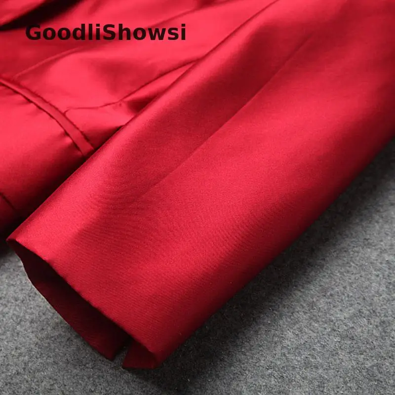 GoodliShowsi Formal 2 Piece Sets Skirt Suits Single Button Notched Red Suit Tops+ Diamonds Mesh Midi Skirt Elegant Women's Sets