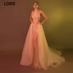 LORIE Deep V-Neck Tulle Evening Party Gowns 2021 Vestidos De Festa Sexy Straps A-Line Side Split Cinderella Prom Dress Plus Size