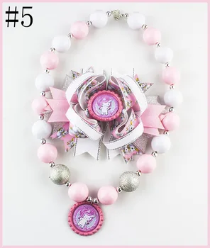 

freeshipping unicorn child chunky beads necklace and bows colorful girls bubblegum necklace handmade jewelry for kids toy gift