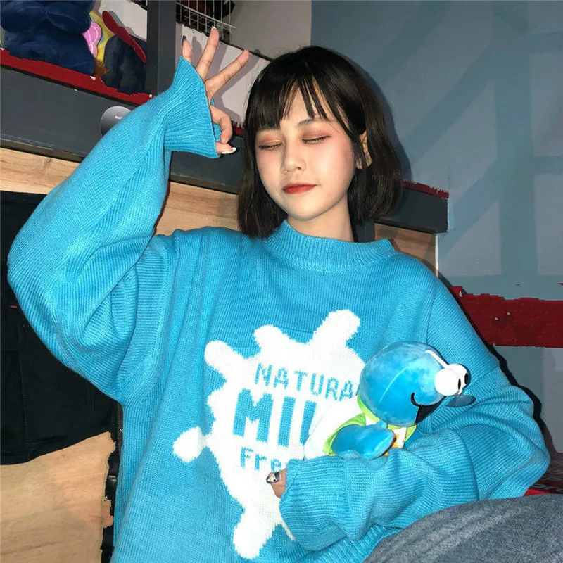 blue pullover Woherb Харадзюку размера плюс, женские свитера, Kawaii Ulzzang, свободный, более размера d, вязаный свитер, женский корейский Повседневный джемпер, пуловеры - Цвет: blue pullover