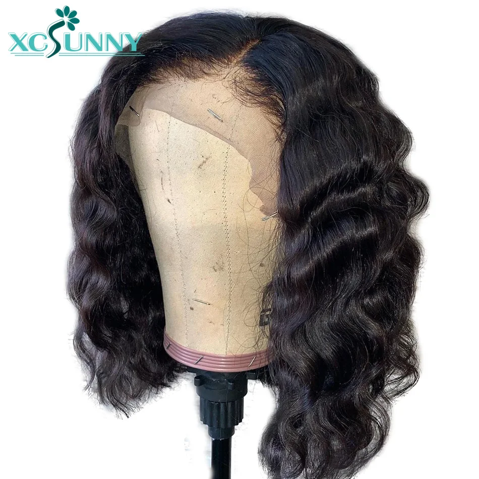 

13x6 Natural Wave Lace Front Human Hair Short Bob Wigs Preplucked Deep Parting Wavy Fake Scalp Wig Brazilian Remy Hair Xcsunny