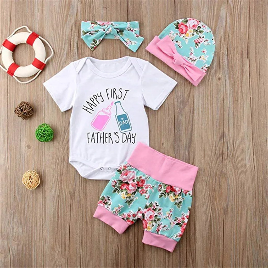 

4PCs Newborn Baby Father's Day Letter Romper +Print Pants +Hat+Headband Outfits 2019 NEW Drop Shipping