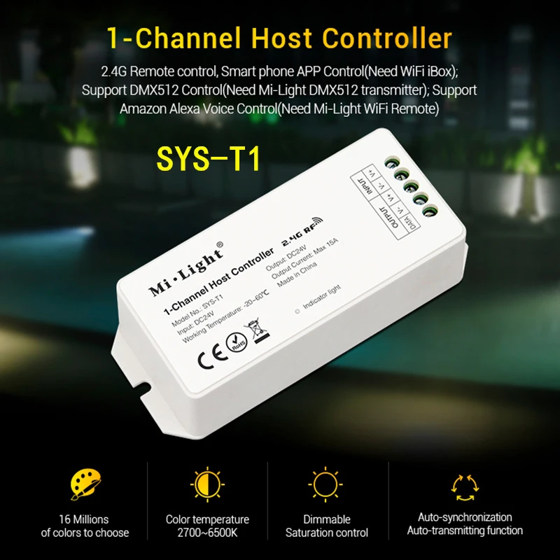 

Miboxer SYS-T1 1-Channel Host Controller DC24V 15A 2.4GHz RF Remote/APP/DMX512/Alexa Control,Compatible with Mi-Light SYS Series