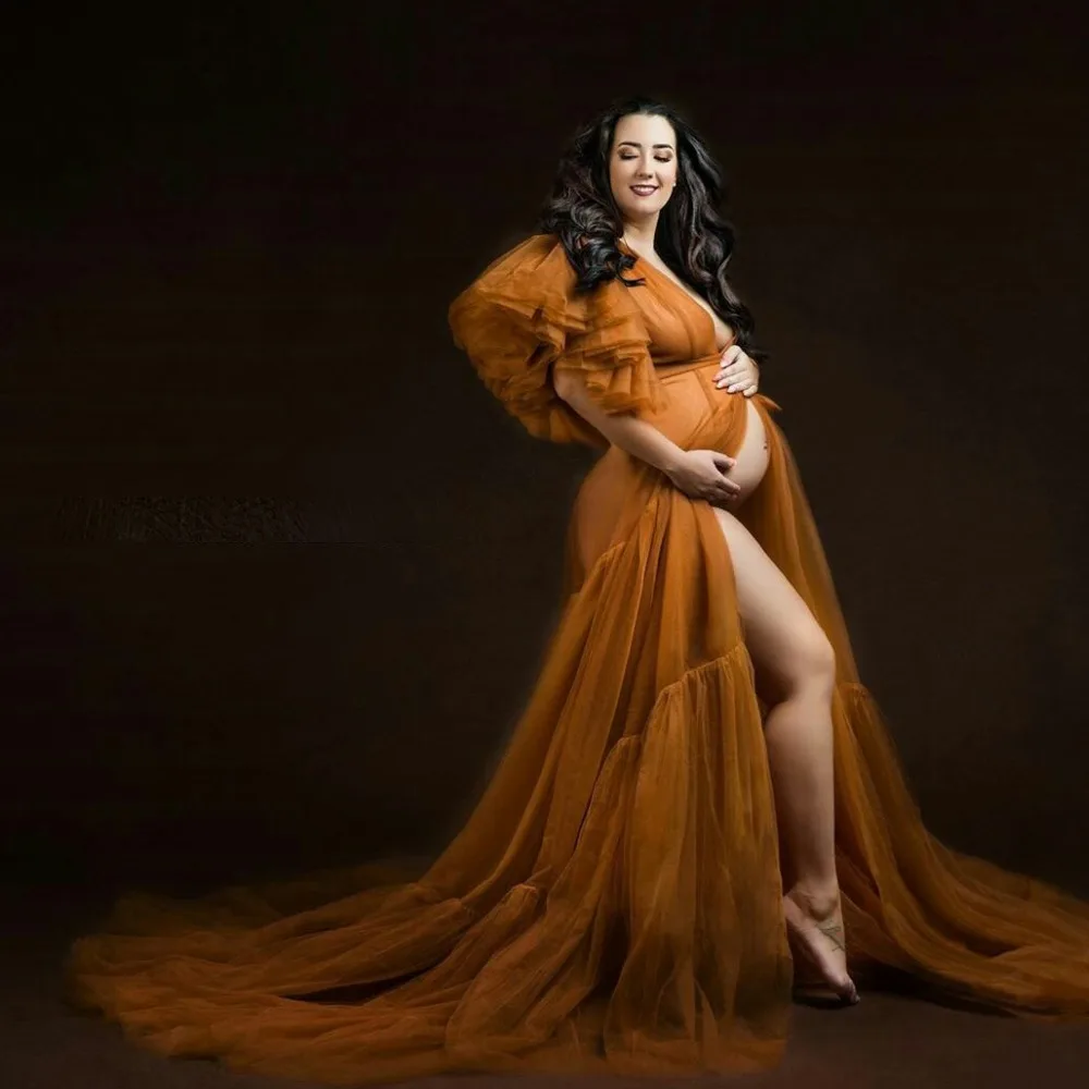 Ruffles Tulle Short Sleeve Women Maternity Sexy Kimono Pregnant Party Sleepwear Women Bathrobe Sheer Nightgown Robe Shawel