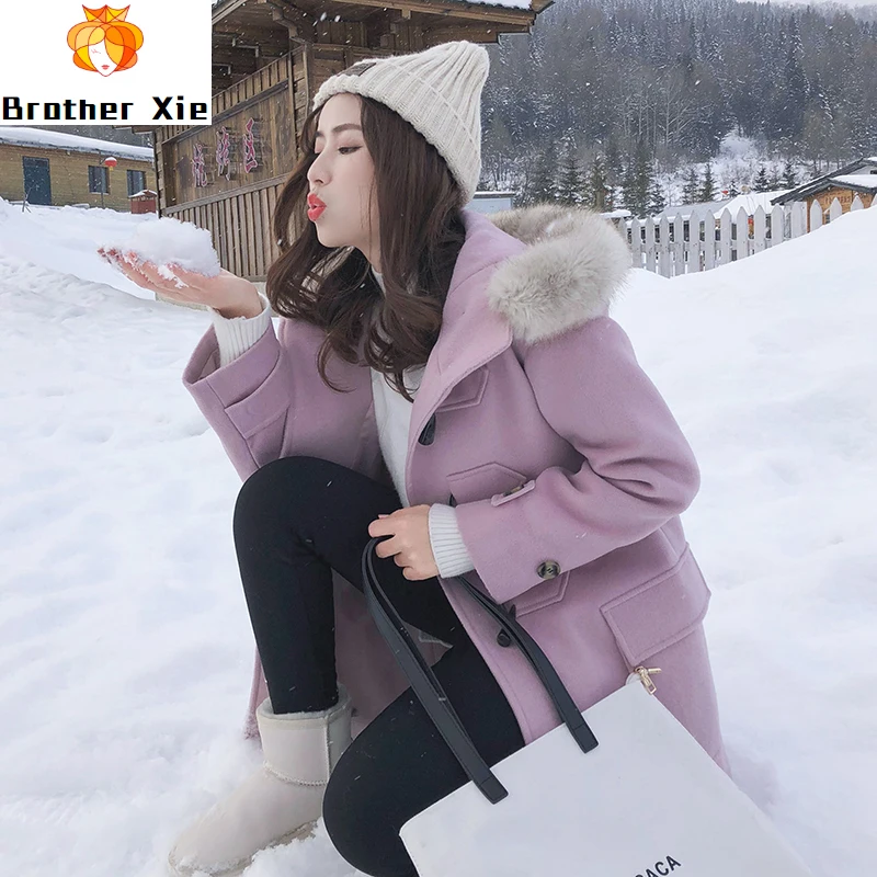 

Wool Jacket Women's New Winter 2020 New Horn Button Loose Long Woolen Overcoat Artificial Fur Collar With Hooded Casaco Feminino