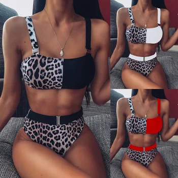 

2019 Leopard Bikini High Waist Belted Bandeau Swimsuit Stitching Biquini Sexy Retro Swimwear Push Up Beach Swimming Suit Women
