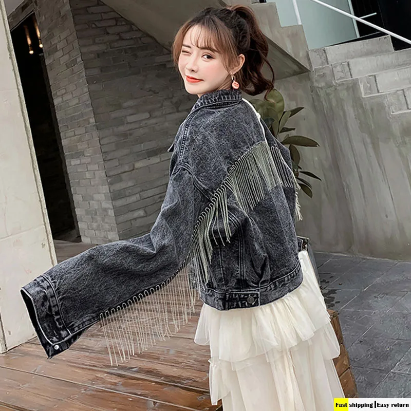Women Tassel Denim Jacket 2021 New Fashion Grey Casual Long Sleeve