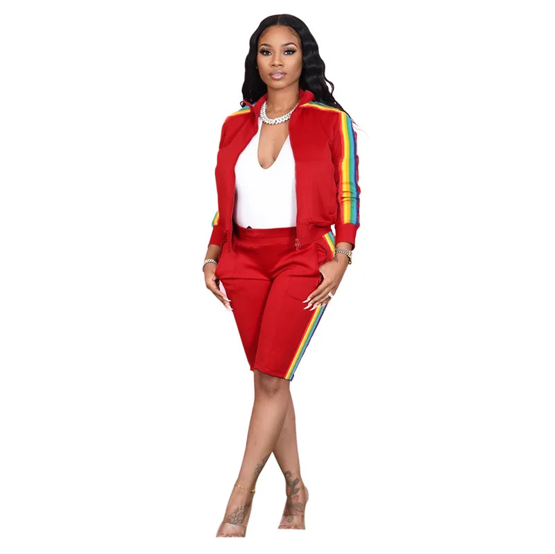 matching workout sets Contrast Color Patchwork Women's Sport Suit Turn Down Collar Full Sleeve Jackets and Knee Length Pant Casual Two Piece Outfit lounge wear Women's Sets