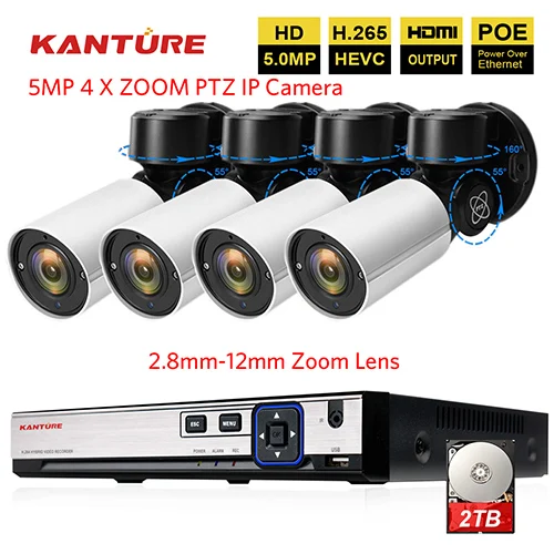 KANTURE H.265+ 4CH 5MP POE Система NVR с 4 шт. 5MP 4X оптическим зумом безопасности наружная Водонепроницаемая ip-камеры с питанием по POE kit 2,8-12 мм объектив - Цвет: 4CH NVR x 5MP Camera