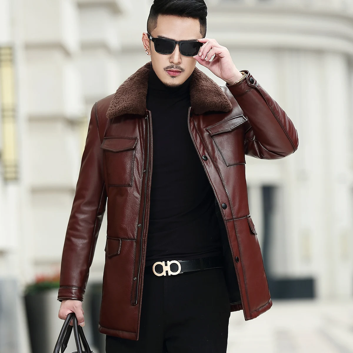

Real Leather Jacket Men Cow Leather Jacket Lamb Fur Collar Duck Down Winter Coat Mens Leather Jacket Casaco MA7211NR90 YY1143