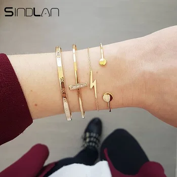 

Sindlan 4PCs Simple Flash Crystal Bangles for Women Flower Pattern Gold Boho Charm Open Bracelets Set Fashion Wrist Jewelry