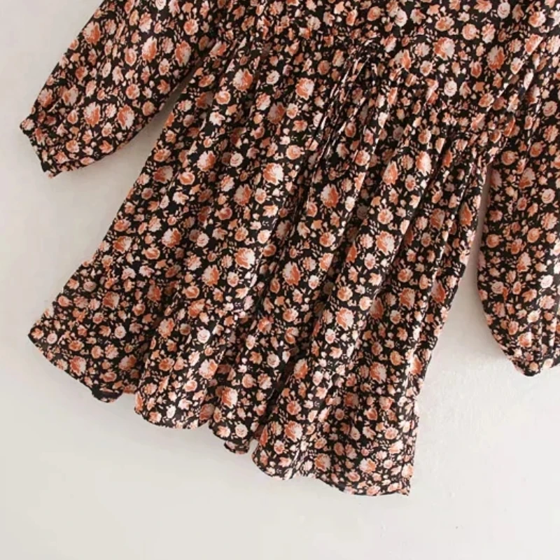 Vintage Flower Printing V Neck Waist Drawstring Women Dress Autumn Leisure Lady Long Sleeve Loose Dresses D3679