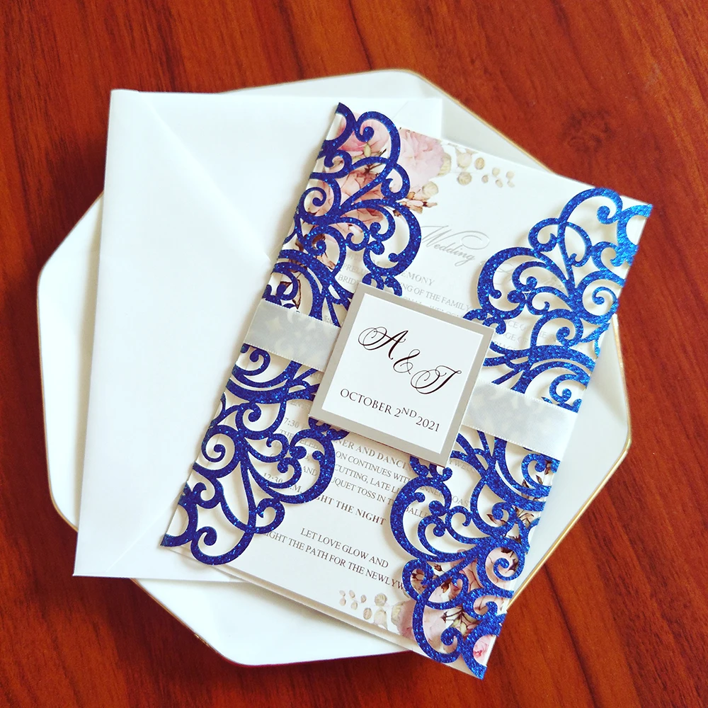 50X Blue Union Party Invitations DIY Glitter Laser Cut Glittery  Personalized Print Greeting Cards For Anniversarty With Tag|Cards &  Invitations| - AliExpress