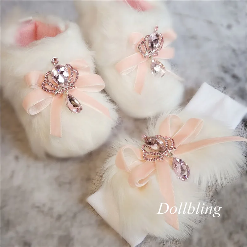 

Fluff Toddler Baby Boots Infant Newborn Girl velvet shoes 100 days rhinestone Royal crown Snow Boots headband Princess Booties