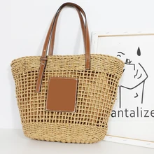 

Hollow Woven Big Capacity Women Shoulder Bag Bohemia Pu Leather Splice Straw Tote Bags For Women Handmade Straw Women's Handbags