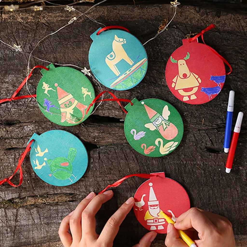 Merry Christmas DIY граффити круглые деревянные висячие украшения мини Санта Клаус Лось снеговик дерево колокольчики украшения navidad F93
