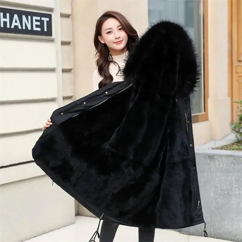 Зимнее женское пальто из натурального меха с кроличьим мехом, роскошное теплое меховое пальто, Свободное длинное пальто, плотное теплое, большие размеры, женские плюшевые пальто