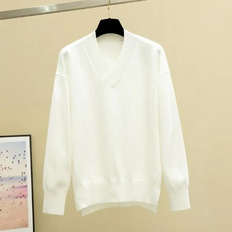 GIGOGOU женский свитер большого размера с v-образным вырезом, плоский вязаный женский пуловер с длинным рукавом, Свитера на осень и зиму, повседневный Свободный вязаный джемпер - Цвет: White 1800