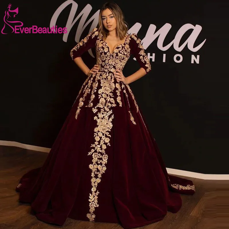 

Burgundy Velvet Muslim Evening Dress Long 2020 Arabic Dubai Kaftan Gold Lace Applique Ball Gown Turkey Prom Formal Dresses