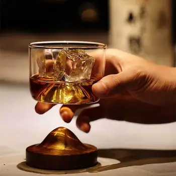 

Transparent Crystal Whiskey Glass Mountain Shape Wooden Bottom Wine Cup For Whiskey Wine Vodka Kitchen Bar Club Beer Wine Glass