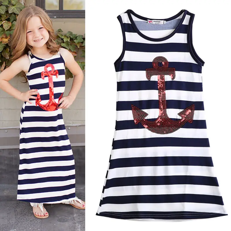 Navy Blue Kids Girls Red Sequins Anchor Maxi Stripes Dress | Детская одежда и обувь