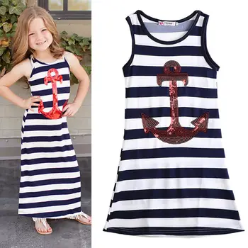

Navy Blue Kids Girls Red Sequins Anchor Maxi Stripes Dress