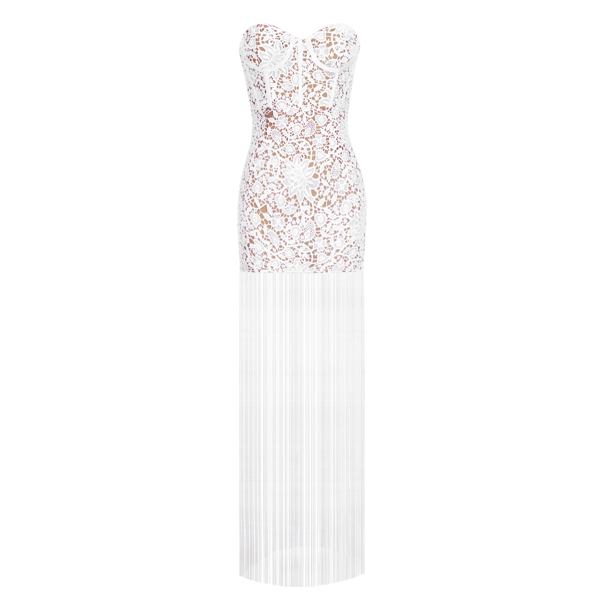 Ocstrade белый без бретелек без рукавов Maxi tassels Кружева Bodycon платье FSP19133-White