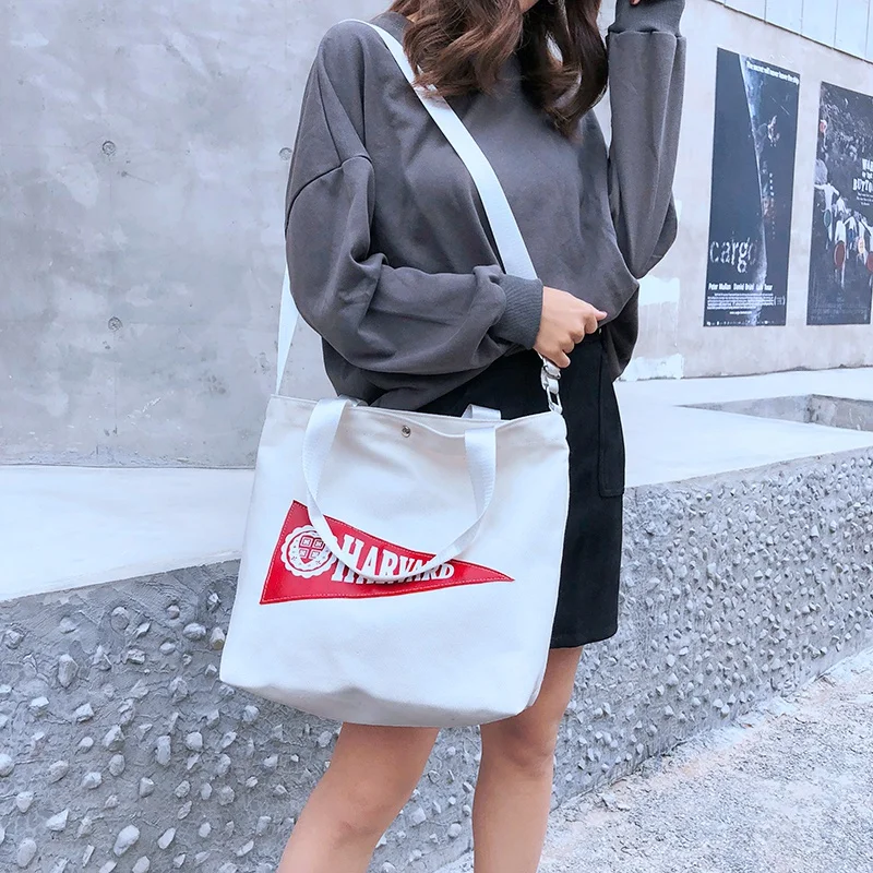 ABZC-Canvas Big Bag Female Printed Letter Portable Tote Bag Fabric Single Shoulder Diagonal Package White