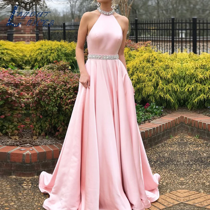 

SZ008 Prom Dress 2019 Evening Dress Sexy Open Back Evening Party Dress With Beads Robe de soiree High neck