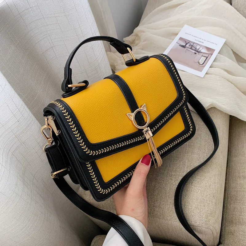 

WOMEN'S Bag 2019 New Style Korean-style Fashion Joint Contrast Color One-Shoulder Oblique Hand Spiraea Square Sling Bag Tassel B