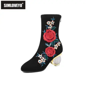 

SIMLOVEYO Round Toe Zip Suede Nubuck Floral Warm Short Plush Crystal Heel Winter Boots Size 34-43 Black Party Outdoor Shoes