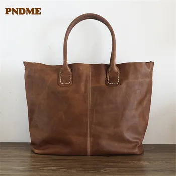 

PNDME vintage hand-stitched genuine leather women's large-capacity tote bag simple real cowhide handbag shoulder shopping bag